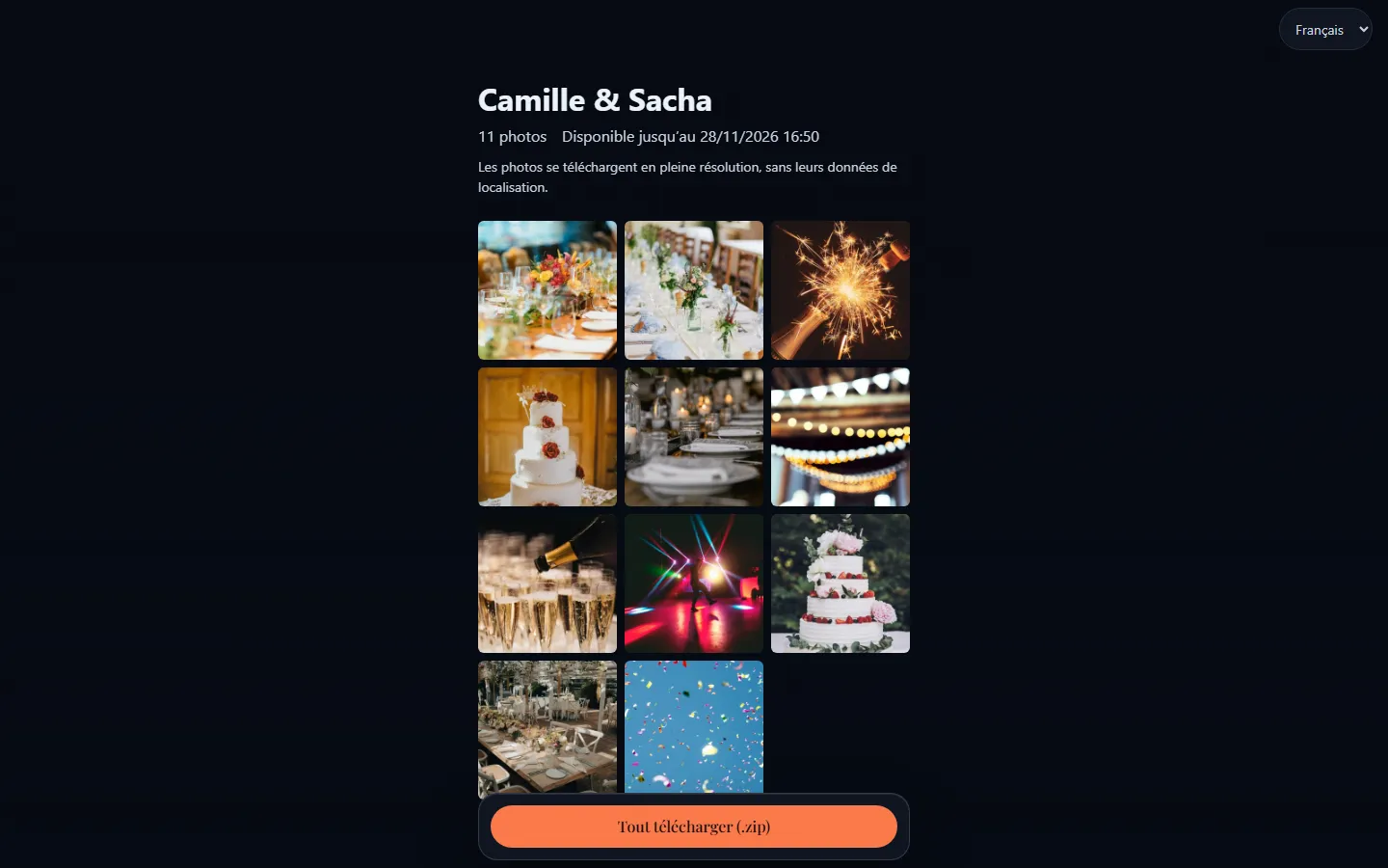 Galerie partagée de la soirée dans un navigateur : des photos en grille et un bouton pour tout télécharger en fichier ZIP.