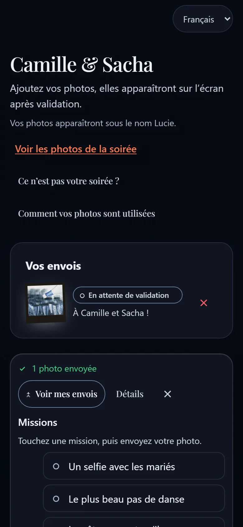 Écran « Vos envois » sur le téléphone d’un invité : sa photo apparaît, en attente de validation par l’hôte.