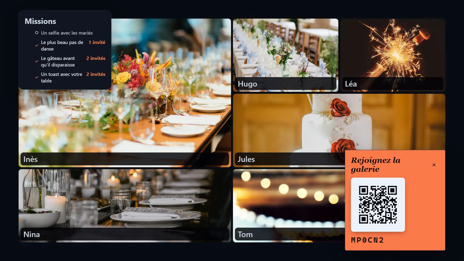 Mur photo en mosaïque : une grille de photos de fête, chacune avec le prénom de l’invité qui l’a envoyée.